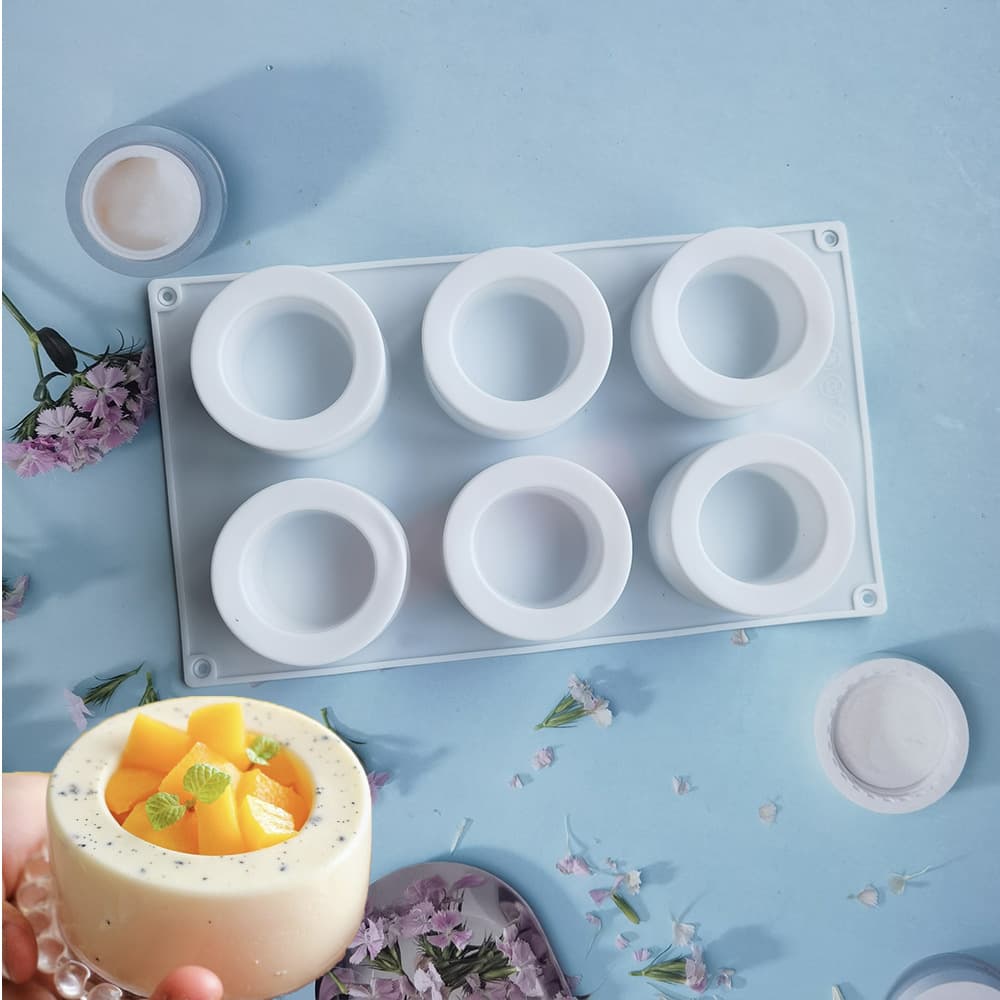 Silicone 6-cavity embossed cup mold for cakes, chocolates, jelly, puddings, soaps, and baking tools.