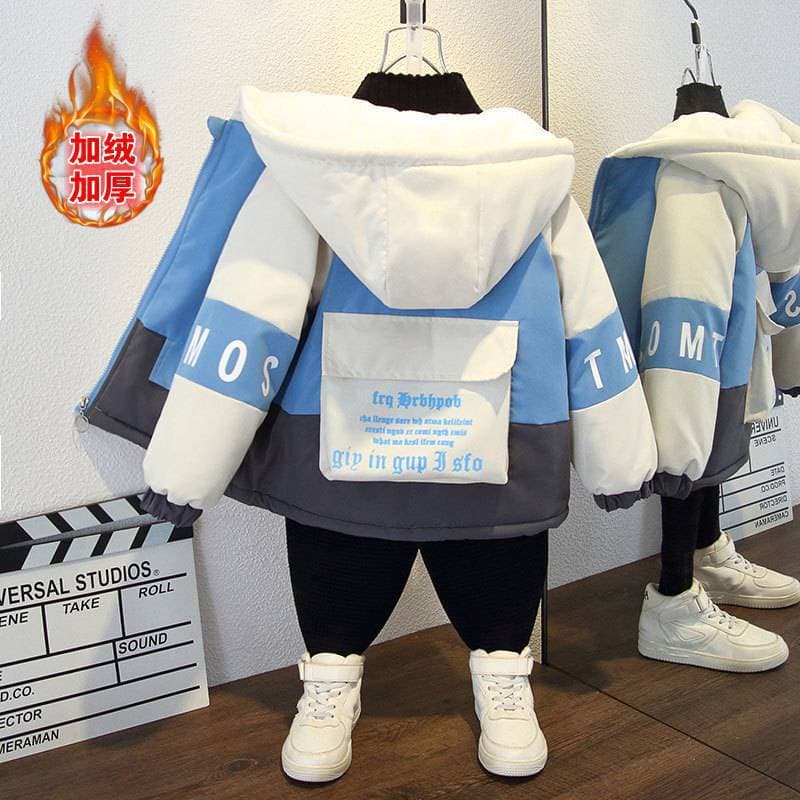 Boys' Winter Coat Thickened Fleece-Lined Hooded Puffer Jacket for Kids, Warm Cotton Padded Outerwear for Girls
