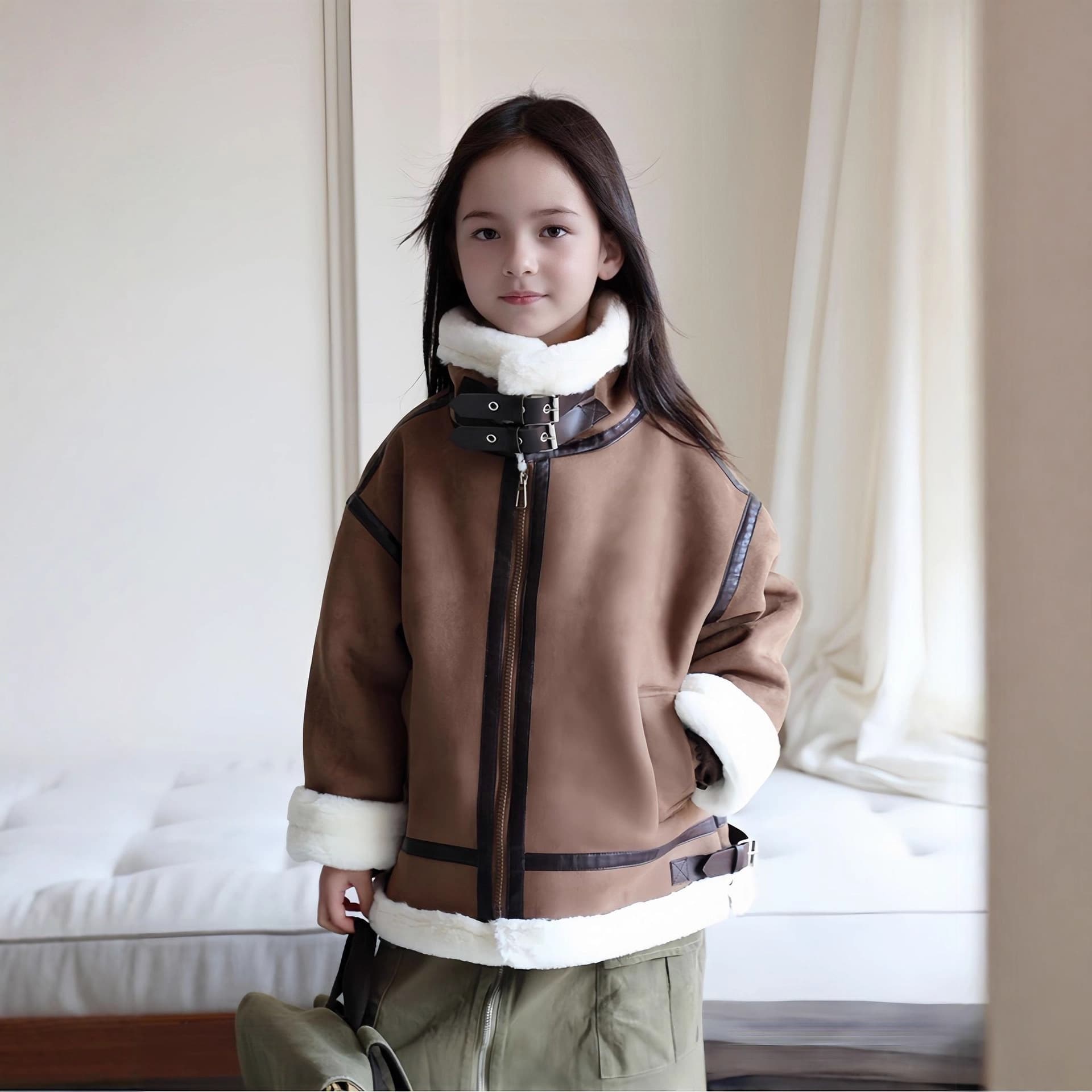Girls' Sheepskin Lined Leather Jacket Fall Winter 2026 New Style Kids' Stylish Suede Top Winter Wear