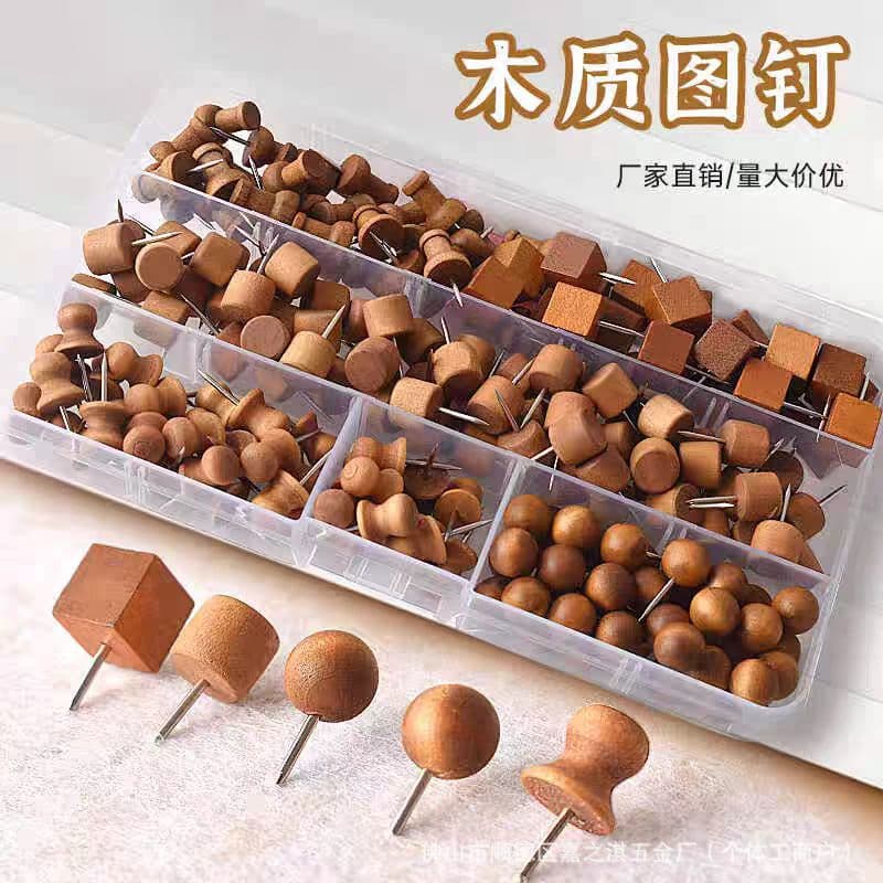 Boxed Wooden Push Pins for Cork Boards, Kindergarten Message Board Thumb Tacks, Wooden Tacks