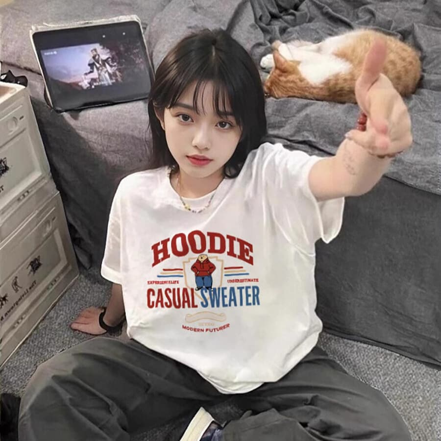 Summer New Short-Sleeved T-Shirt Women's Cotton Loose Korean Style Ins Women's Versatile Cartoon Print Half-Sleeve Top