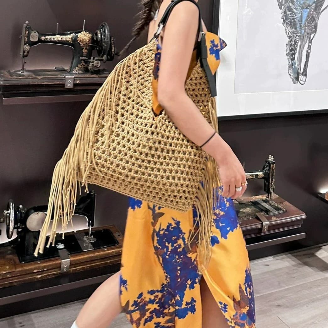 Fashionable Hollow out Straw Weaving Tassel Trim Women's Shoulder Bag Maternity Bag Casual Travel Cotton Retro Style Handbag