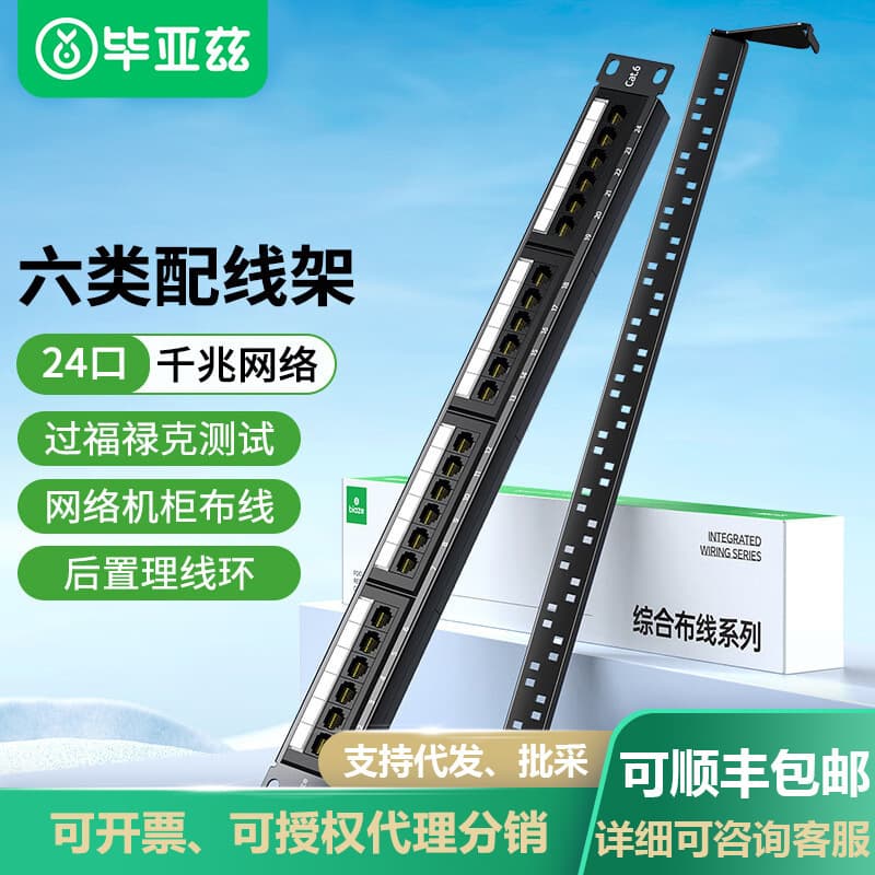 Biaze CAT6 24-Port Patch Panel, 1U Rack Mount for Network Cable Management with Cable Trough