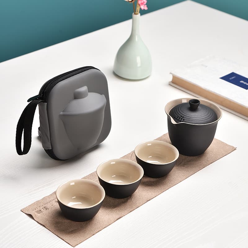 Travel tea set, outdoor Kung Fu tea set, one pot and three cups, portable quick cup set, tea brewing gift with logo.