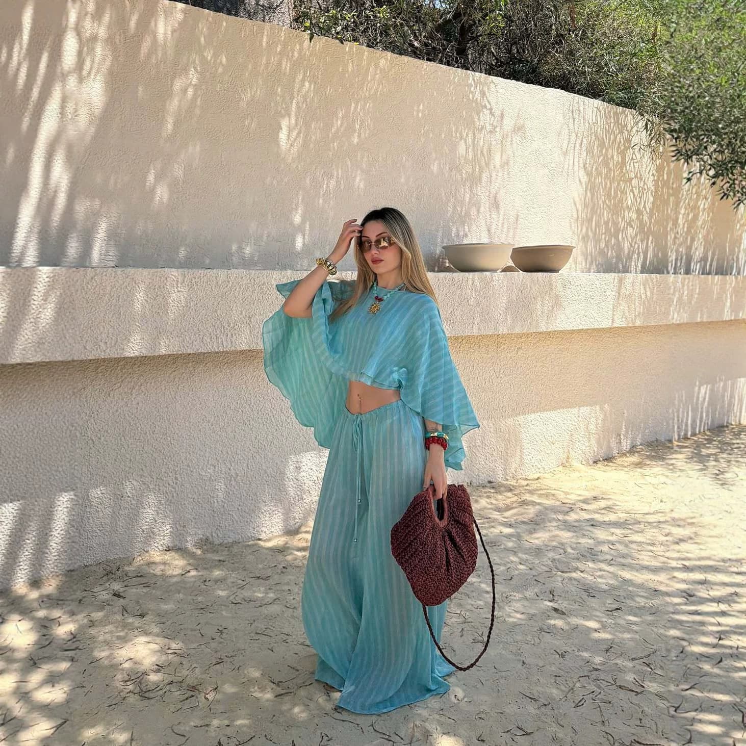 European and American foreign trade women's clothing 2026 summer new style bat-sleeved long-sleeved striped loose navel-baring lace-up wide-leg pants suit