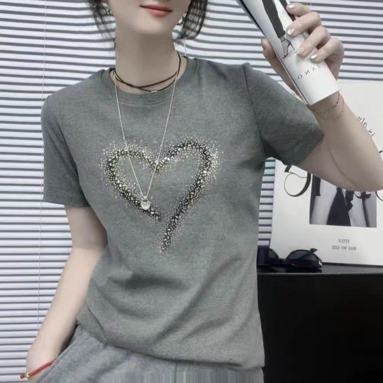 Dropshipping 2025 Summer New Rhinestone Short Sleeve T-Shirt Women Round Neck Fashion Heart Print Versatile Top Blouse