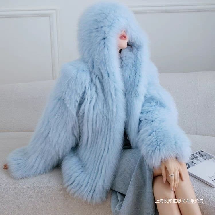 Cross-border Fur Women's Wear Faux Fox Fur Hooded Coat Artificial Fur Knitted Fuzzy Top Autumn/Winter Outfit
