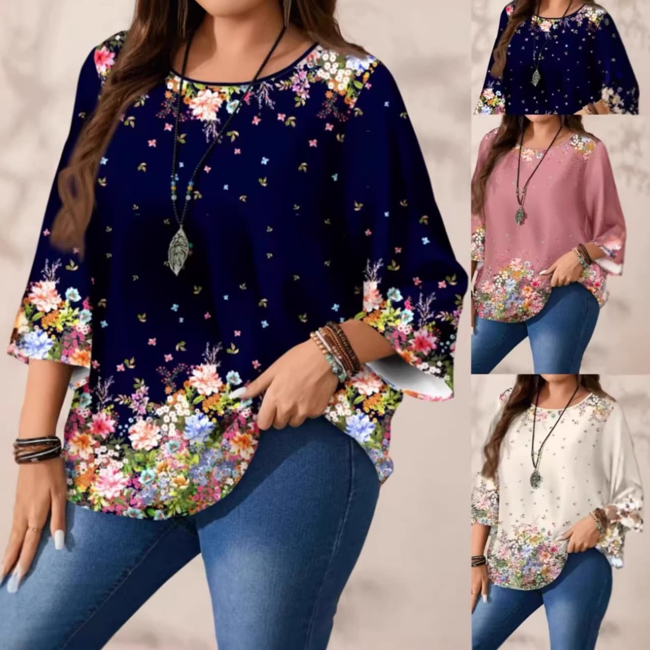 Cross-Border Plus-Size Chiffon Blouse, Loose Fit, Slimming Floral Patchwork, Bell Sleeves, Ethnic Style Three-Quarter Sleeve Top, in Stock