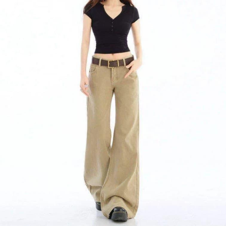 American retro bootcut jeans for women 2026 summer new low-waist loose niche khaki brown wide-leg pants