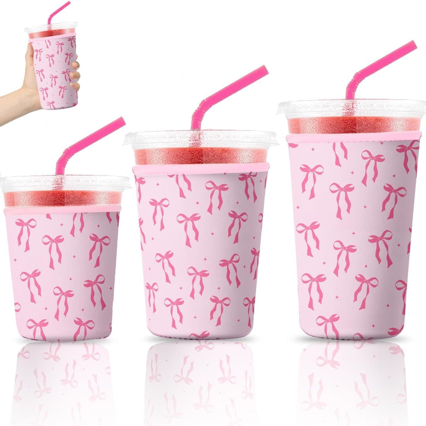 Amazon Hot Selling Neoprene Pink Bow Coffee Cup Sleeve, Milk Tea Hot and Cold Drink Cup Sleeve, Customizable Design