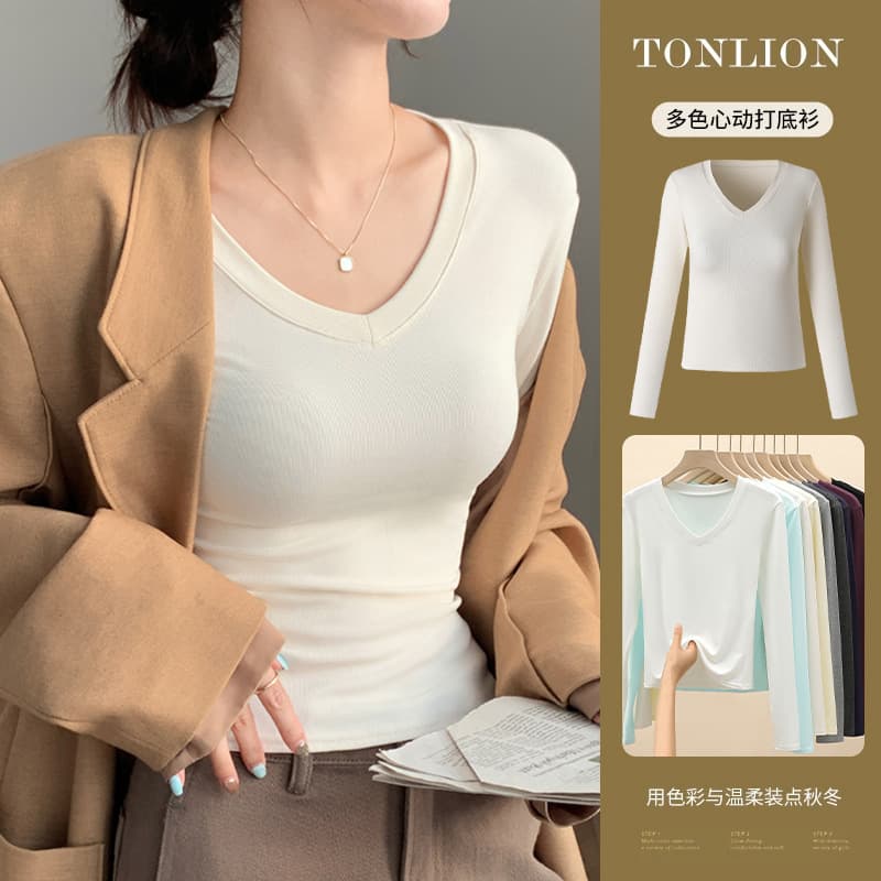 H255 love collar bottoming shirt, designed to be worn inside and outside, white long-sleeved T-shirt, right shoulder V-neck, autumn new style