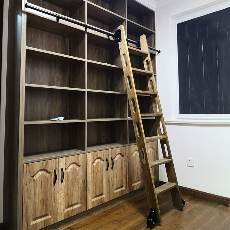 Bookshelf wooden home slide wooden straight ladder escalator library indoor bookcase pulley mobile wooden ladder