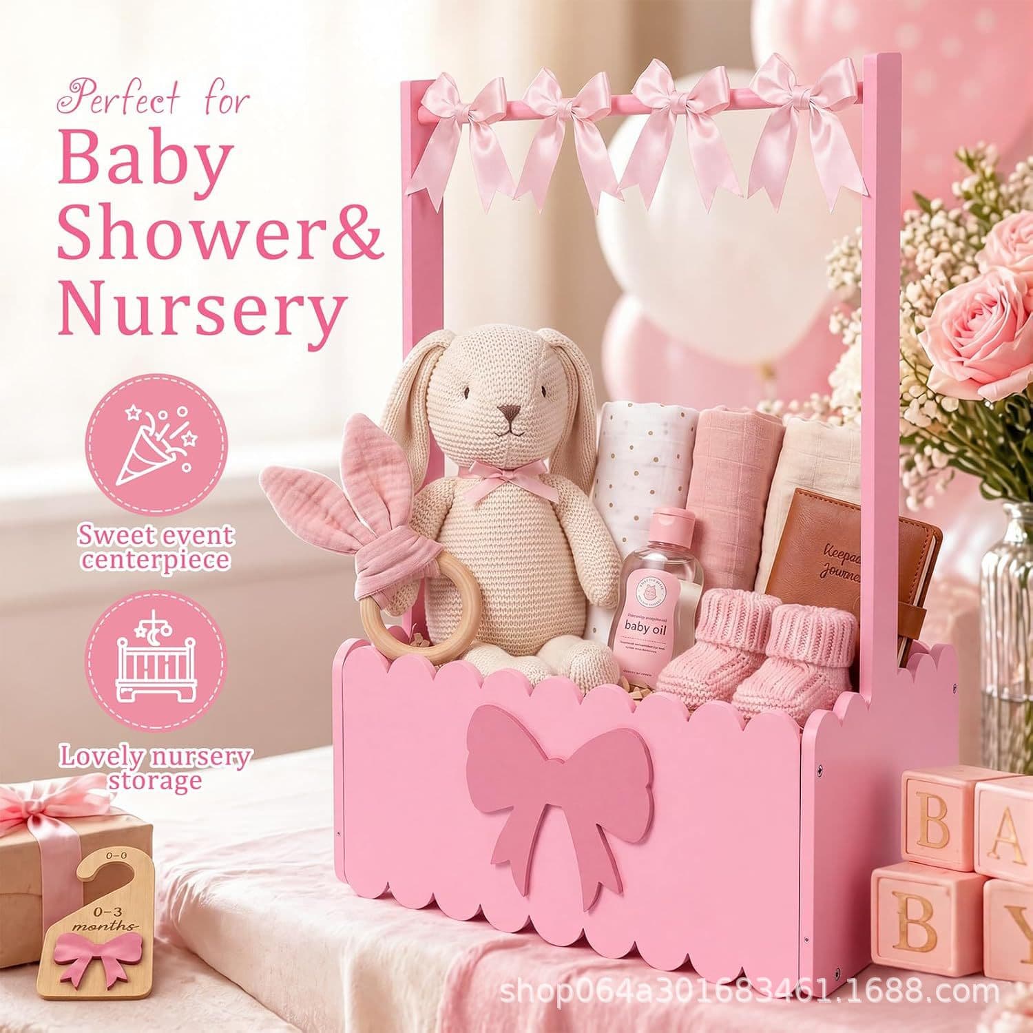 Wooden Pink Bow Baby Storage Basket Portable Children's Clothing Storage Box Newborn Baby Shower Box