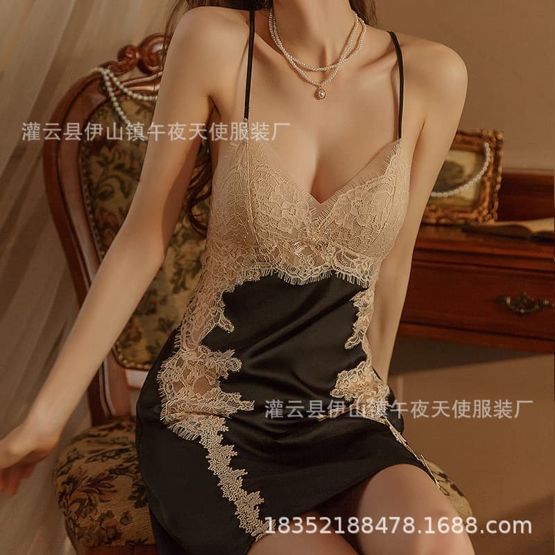 Sexy Lingerie Autumn/Winter Lace Hollow Out Slimming Comfortable Ice Silk Camisole Nightgown Backless Home Sleepwear Set 1567