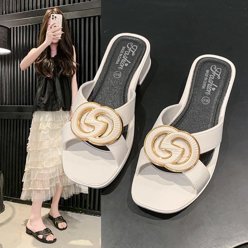 Southeast Asia New Fashionable Simple Elegance Wedge Heel Women Square Toe G-Buckle Cross Strap Popular Daily Wear Sandals