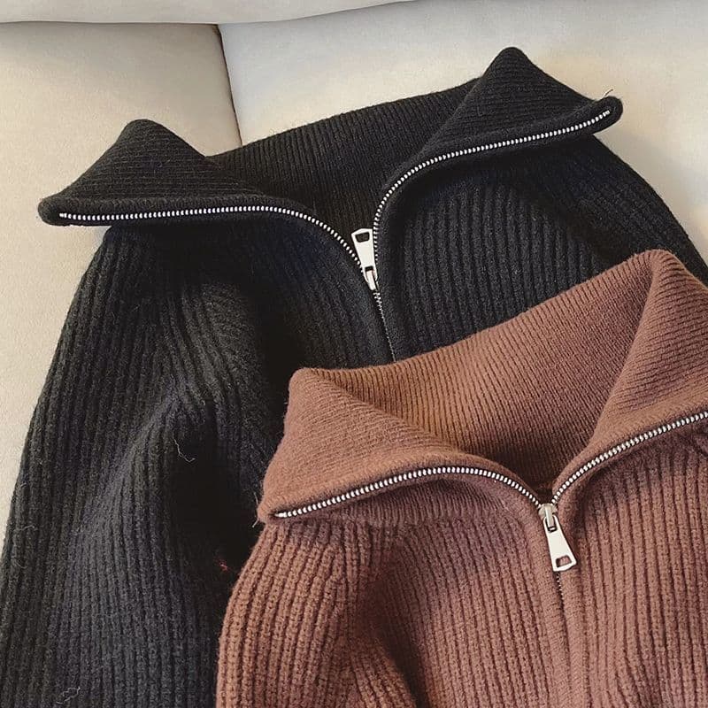 Thick Knit 2025 Fall/Winter New Arrival Youthful Design Zipper Loose Slimming Turn-Down Collar Casual Sweater Top for Women