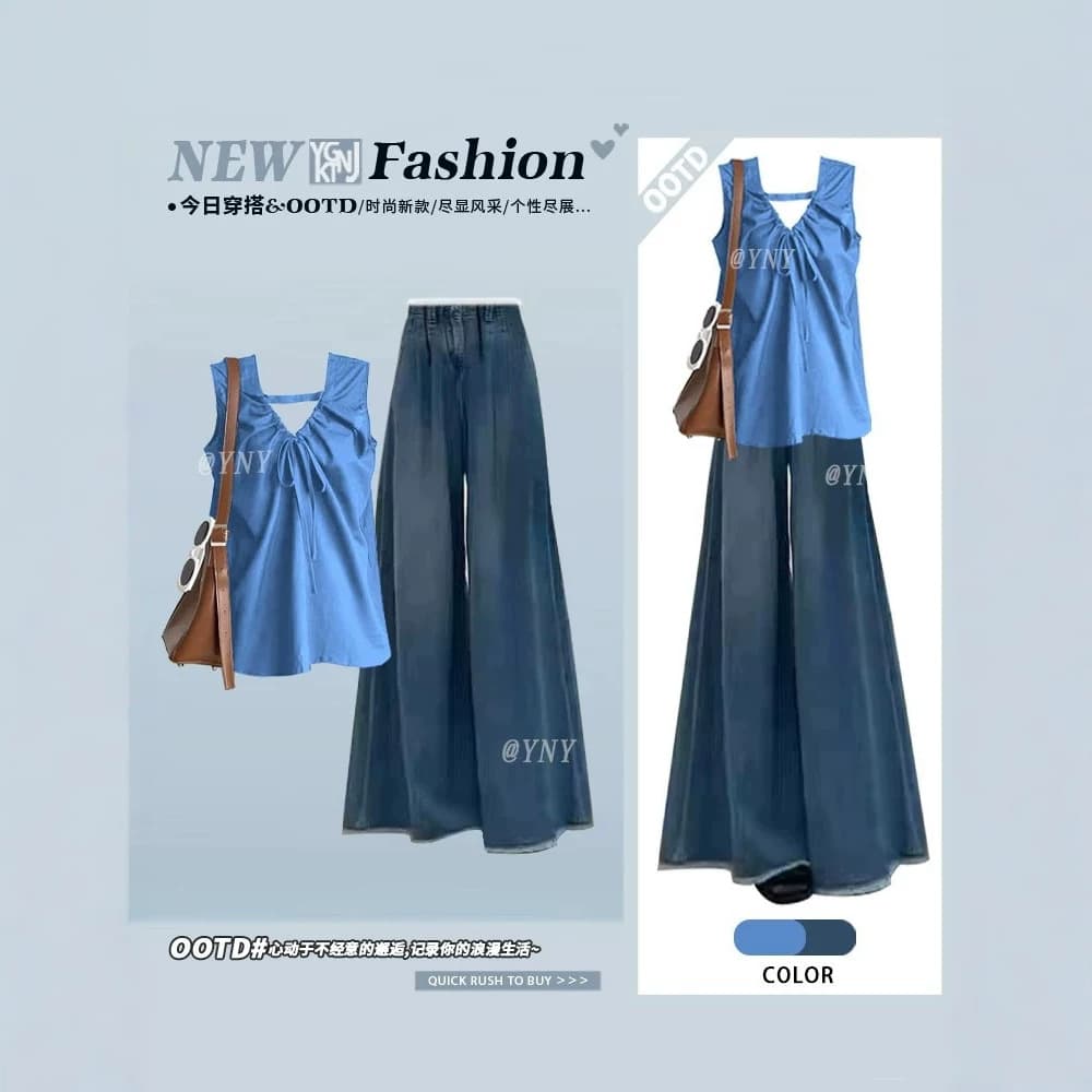 2026 Summer French Style V-Neck Twisted Pleated Sleeveless Loose Tank Top for Women Paired with Slimming Denim Wide-Leg Pants