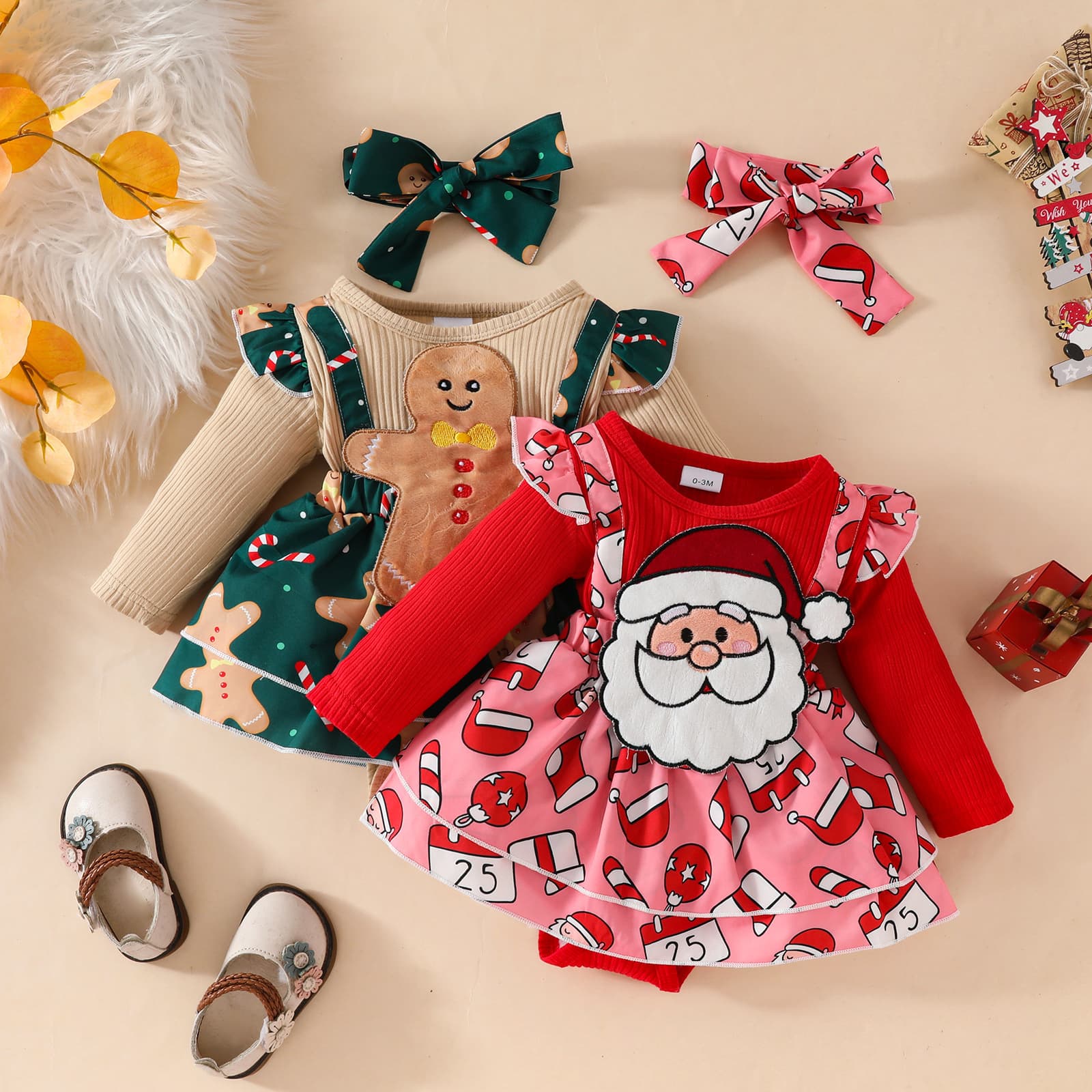 Baby Christmas Long Sleeve Triangle Jumpsuit Fake Strand Dress Christmas Gingerbread Old Man Jumpsuit with Crotch Autumn and Winter