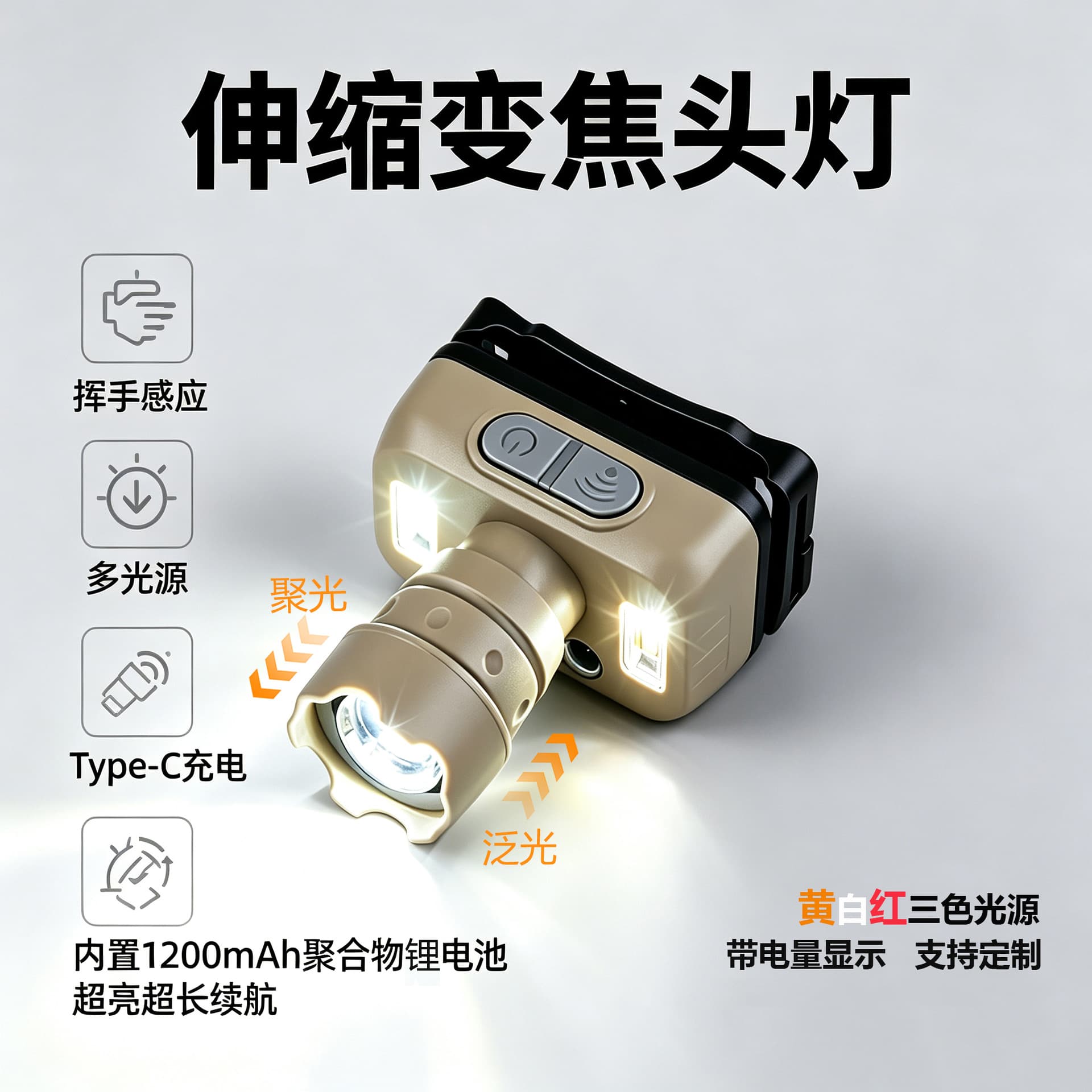 Telescopic zoom sensor headlight red light blue light yellow light super bright outdoor night fishing and beekeeping head-mounted flashlight