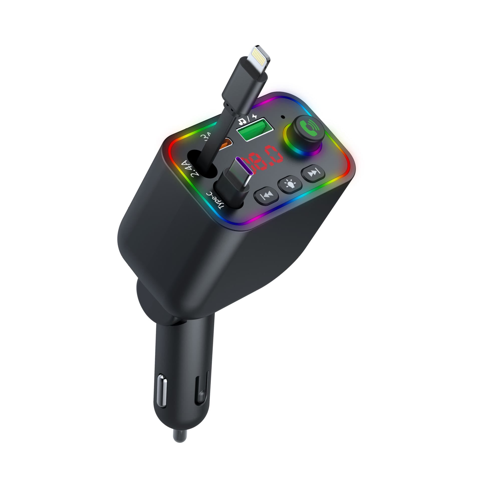 Car MP3 Player High-Quality Car Bluetooth Player with Ambient Light, Fast Phone Charging, and Built-in Charging Cable