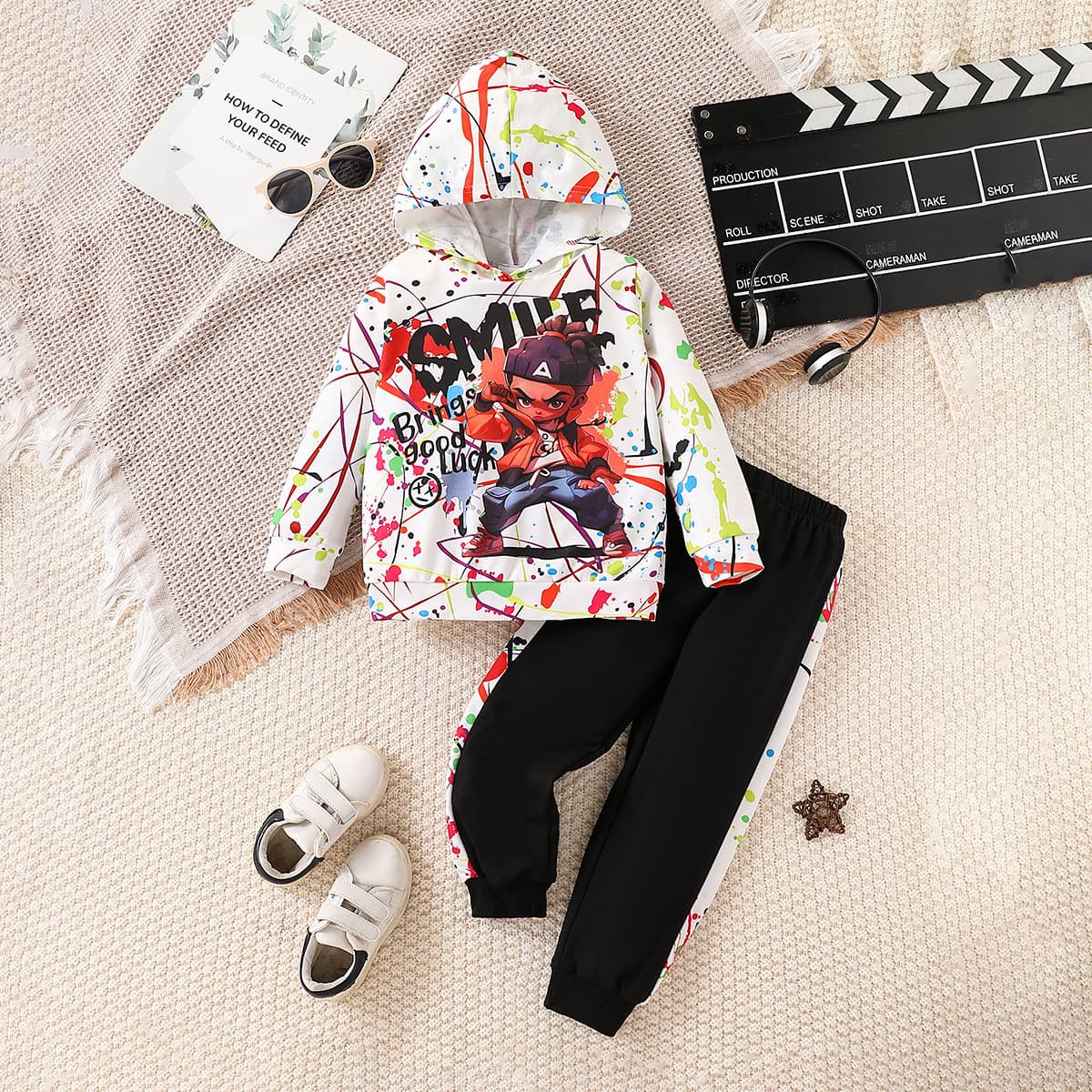 Girls autumn and winter hooded sweatshirt suit colorful graffiti cartoon print casual trousers trousers suit trendy