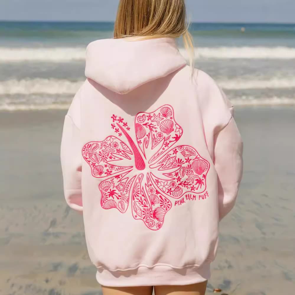 "Hawaii Hibiscus" Hoodie in Oceanic Drop Sleeves Ribbed Sweatshirt Printed Hoodie