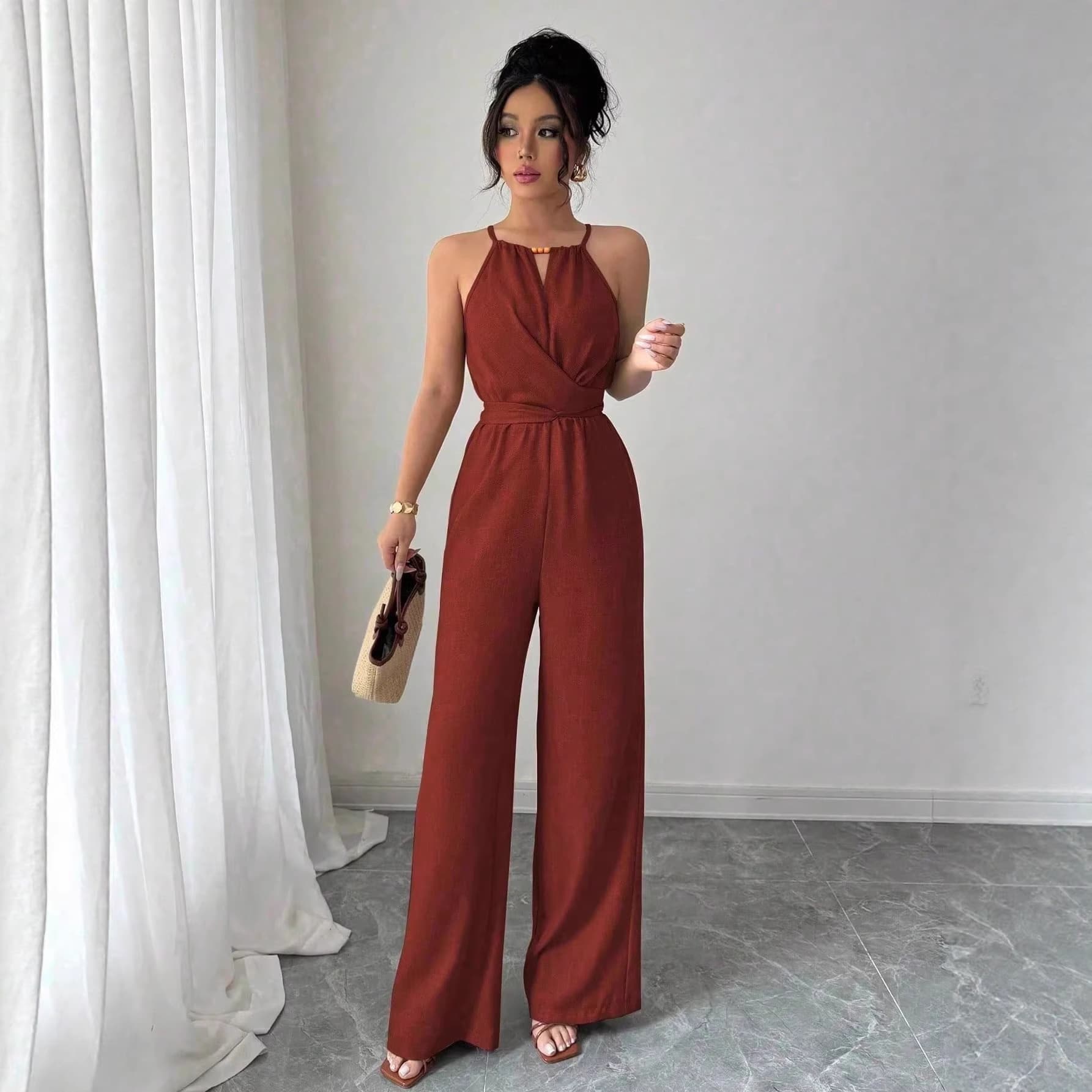 2026 Cross-Border European and American Amazon New Style Halter Neck Jumpsuit with Waist-Cinching and Drapey Design, Elegant and Fashionable for Work