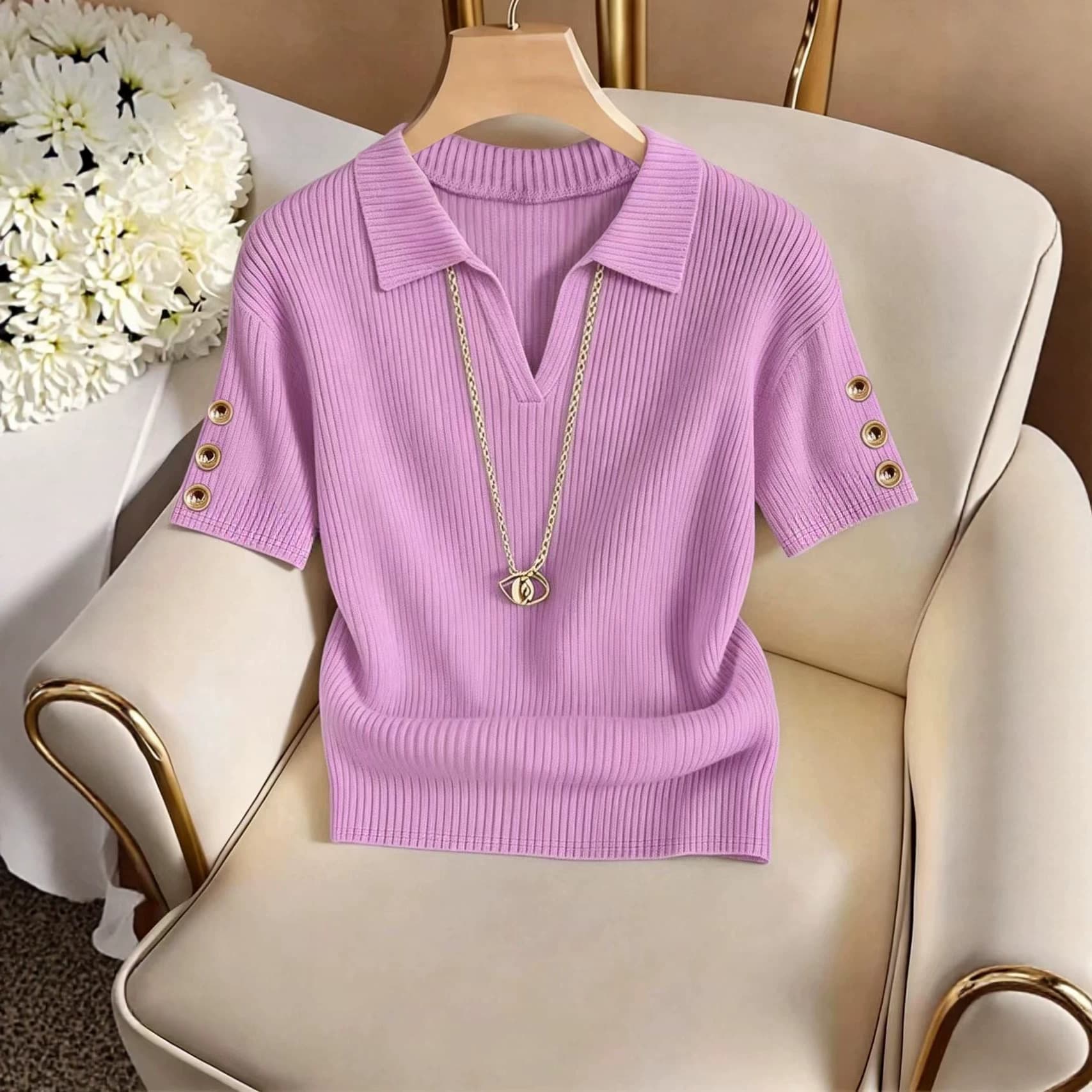 European and American cross-border 2026 new women's fashionable inner wear slim-fit pit strip fabric solid color lapel button short-sleeved top