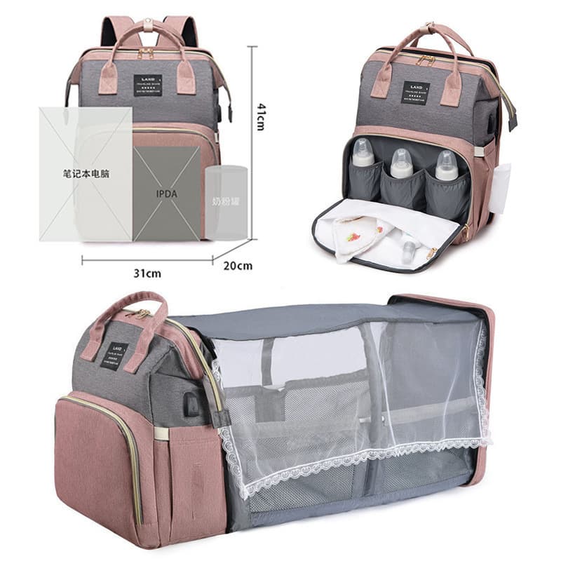 Custom Cross-Border Mom Bag Folding Bed Baby Mom Bag Large Capacity with Mosquito Net Double Shoulder Maternity Bag Backpack