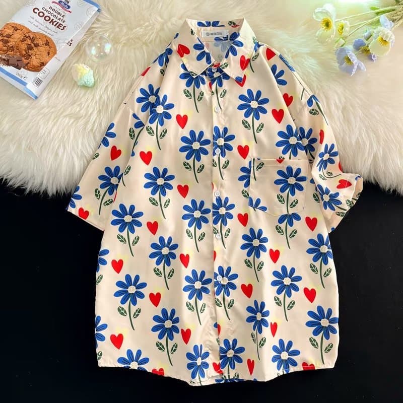 Viral Cat Full-Print Graffiti Shirt Men's Short Sleeve Summer Loose Design American Street Style Shirt Ins Trendy Brand