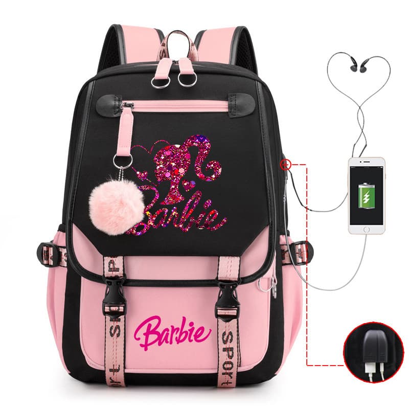 Cross-border New Barbie Pattern Contrast Color Backpack Backpack Junior High School High School Student College Student Trendy Backpack Travel Bag