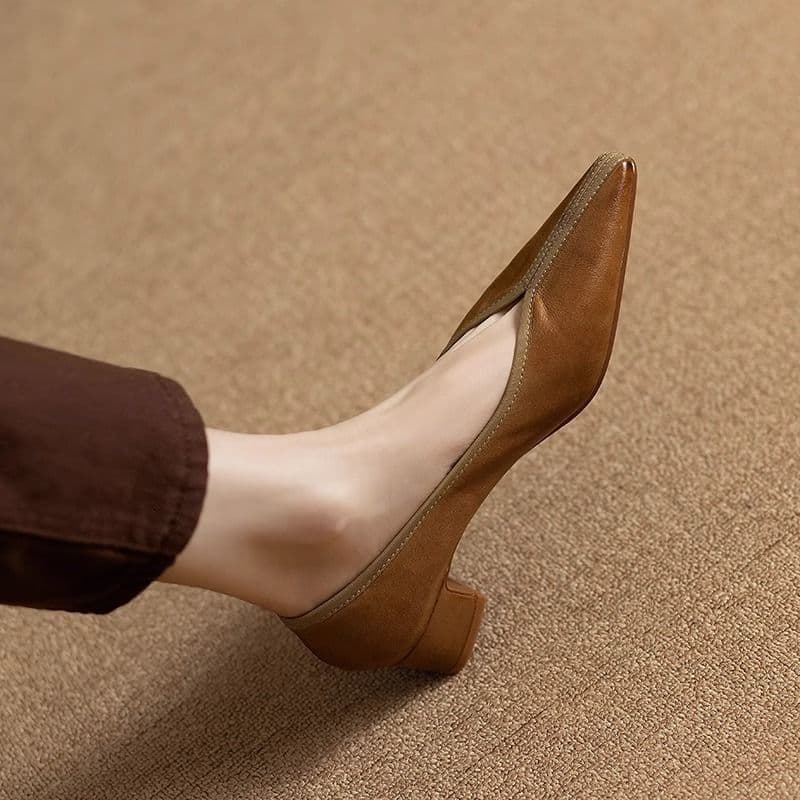 New Versatile Vintage Cowhide High Heels, Spring/Autumn New Style French Soft Sole Pointed Toe Single Shoes, Women's High Heels