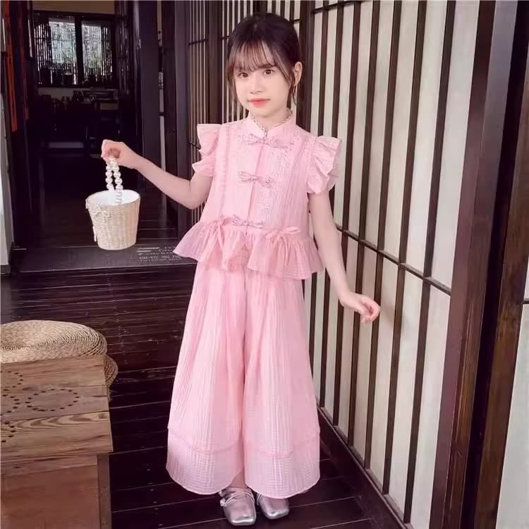 Girls New Chinese Style Wide Leg Pants Suit Little Girls Summer Clothes 2025 New Style Western Style Children's Casual Two-piece Set