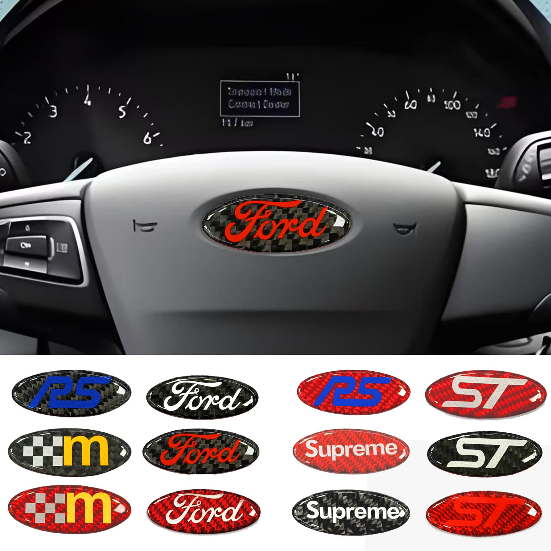 Carbon fiber steering wheel badge RS for Ford ST modification, compatible with Mondeo, Focus, Escort, Edge, Kuga