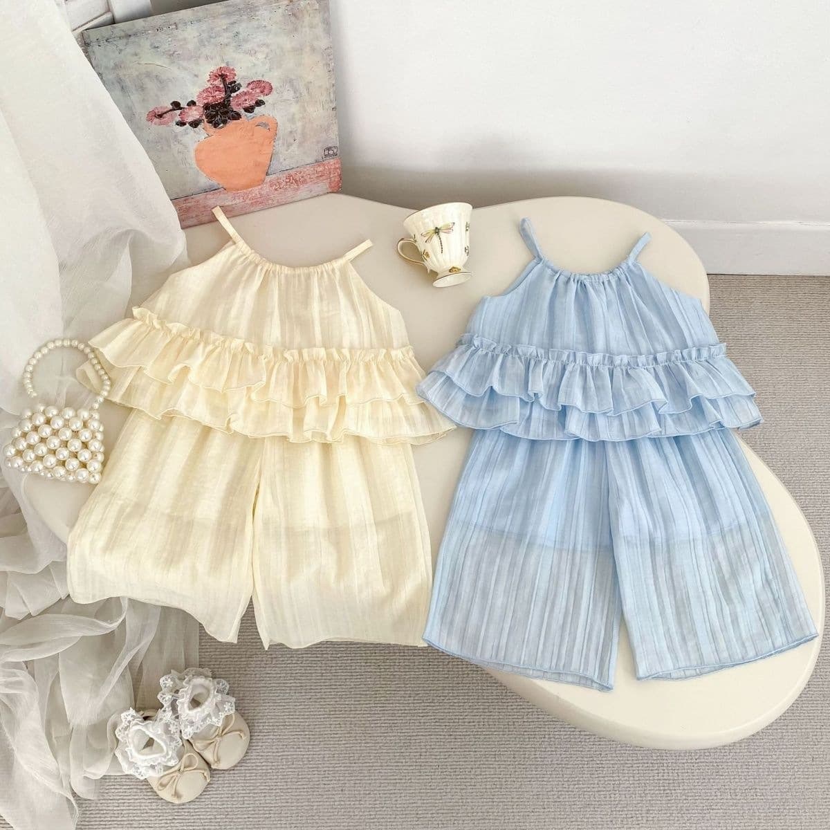 Summer baby girl suit, simple and fashionable girl's ruffle suspender top, wide-leg pants two-piece set