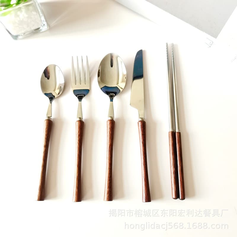 Rosewood Vintage Knife Fork 304 Stainless Steel Wooden Steak Knife Fork Spoon Western Tableware Dessert Fork Spoon Set