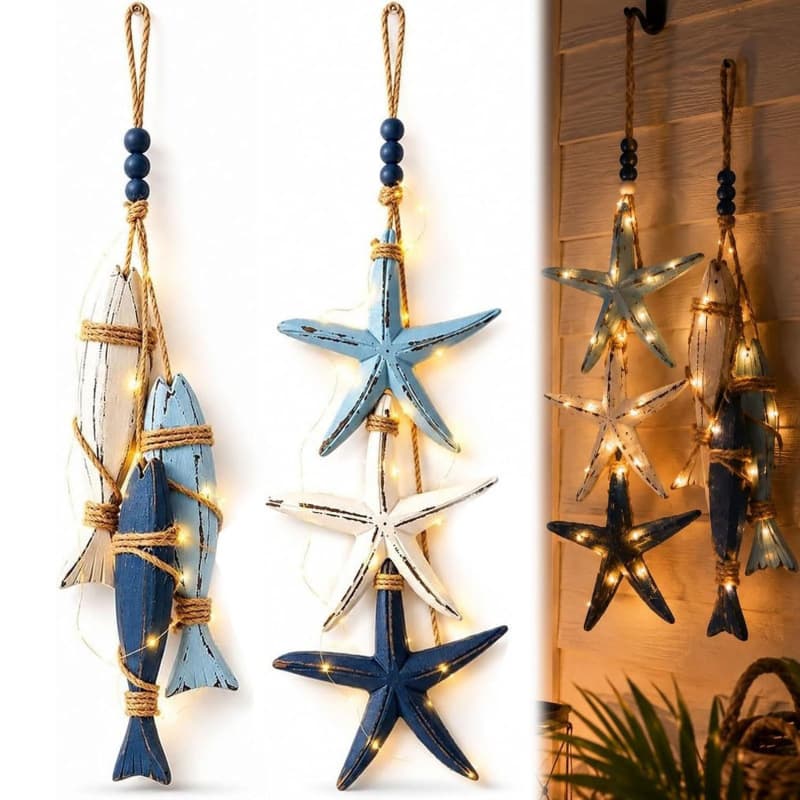 Coastal Wooden Starfish and Fish Hanging Decor Coastal Wall Decor with Warm LED Lights Home Decor