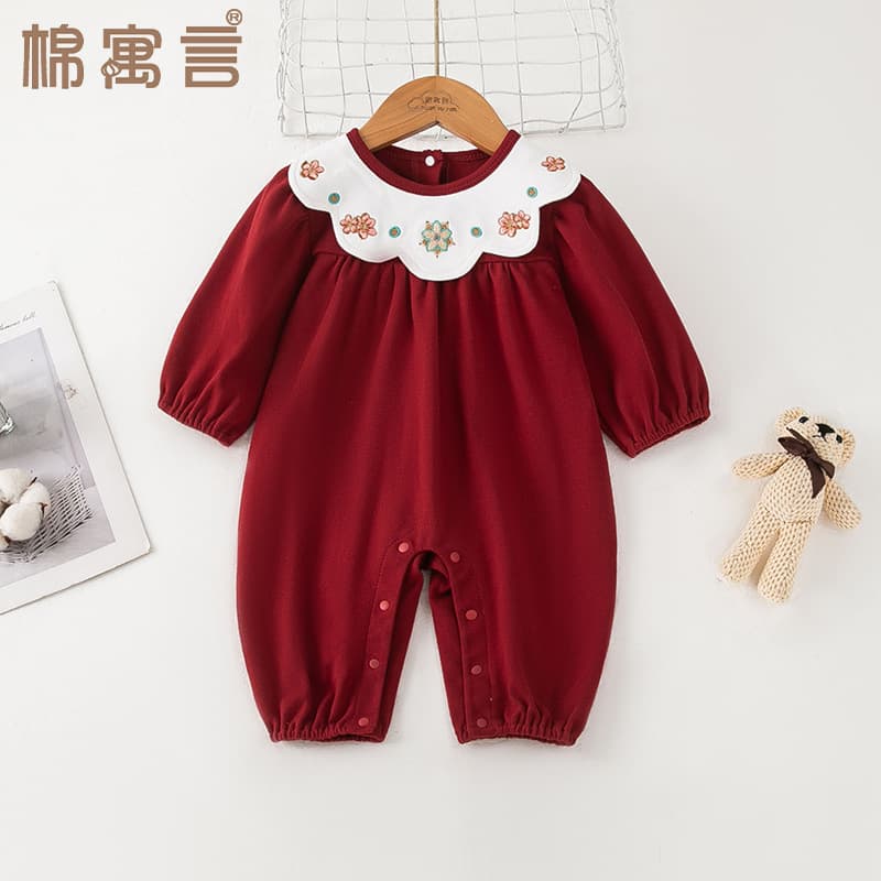 Baby Romper 100% Cotton Long Sleeve Bodysuit for Spring and Autumn, Cute Lace Collar One-Piece Outfit, Air Conditioning Wear