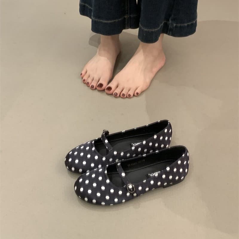Flat French-Style Mary Jane Shoes for Women, 2026 Spring and Summer New Satin Retro Polka Dot Flat Ballet Shoes