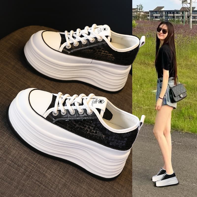 HZ839-12 Thick sole with inner heightening mesh breathable sequin versatile white shoes for women 2025 summer sports and casual shoes