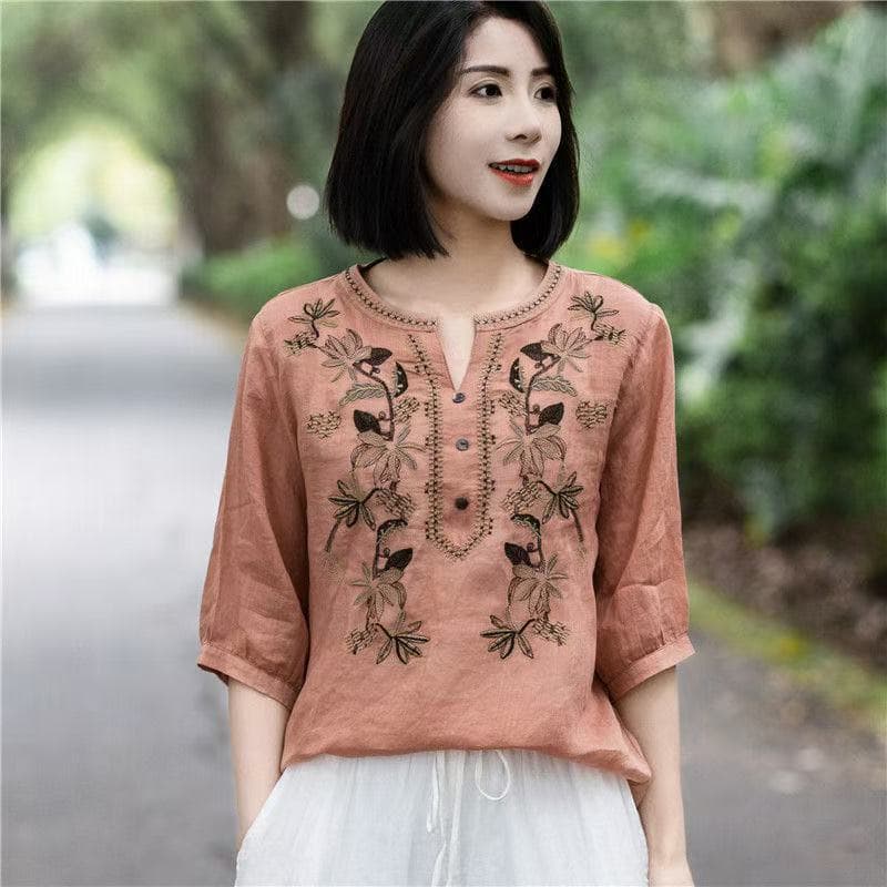 Vintage Ethnic Style Embroidered Cotton Linen Women's Blouse Short Sleeve New Summer Casual Loose Shirt New Chinese Style Top