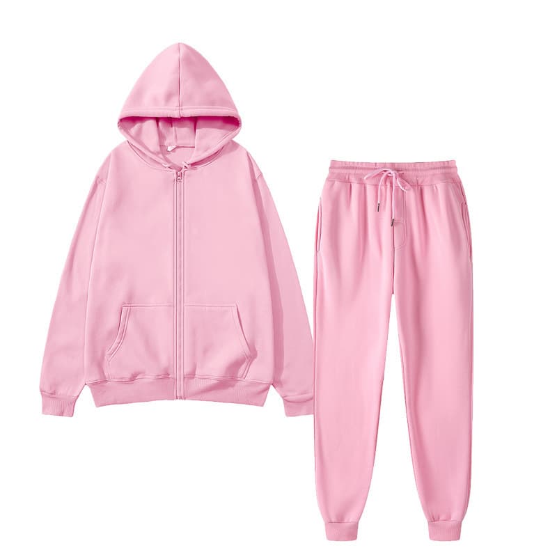 Cross-border Fleece Zip-Up Set Men's Hooded Casual Sweatshirt and Sweatpants Solid Color Full Sportswear Wholesale