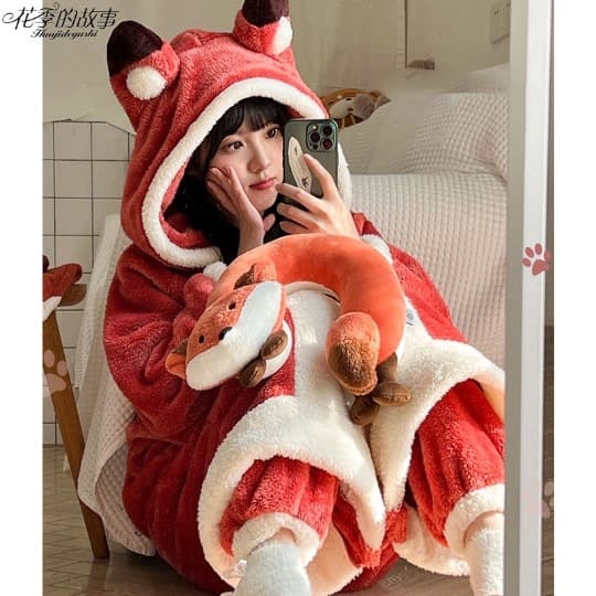 Autumn and Winter Nightgown Cotton Velvet Bat Men and Women Couple Little Fox Bathrobe Home Clothes Cute Cartoon Anime Bathrobe