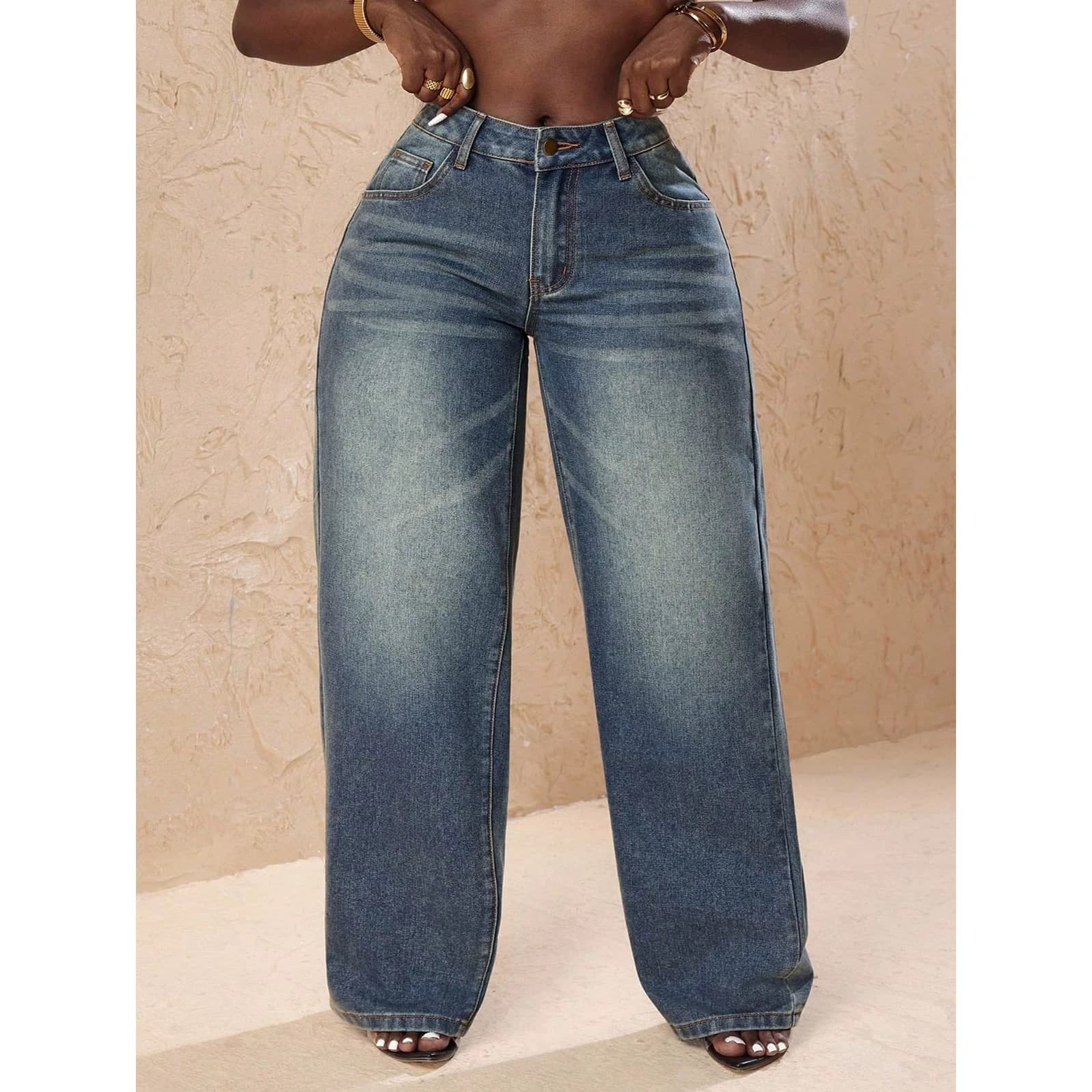 Cross-Border Exclusive High-Waist Wide Leg Pants for Women High Stretch Elastic Waist Straight Leg Pants European and American Women's Denim Long Pants Factory Wholesale