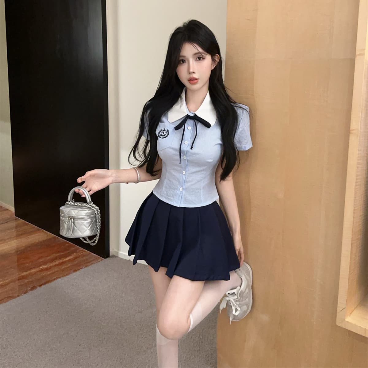 School Style Pleated Skirt Set, JK Tie Blouse Top, High-Waist Short Skirt, Petite Two-Piece Set