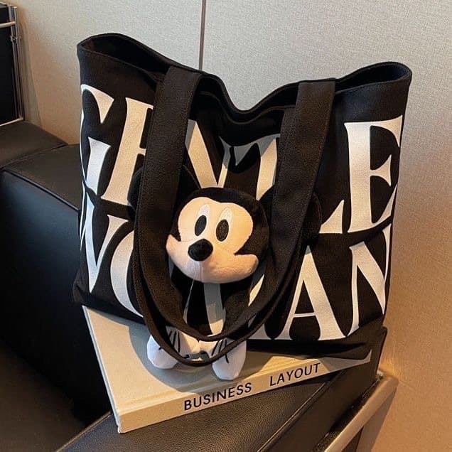 Canvas Bag for Women 2025 New Cartoon Mickey Large Capacity Tote Bag for College Students Commuting to Class Shoulder Bag for Women