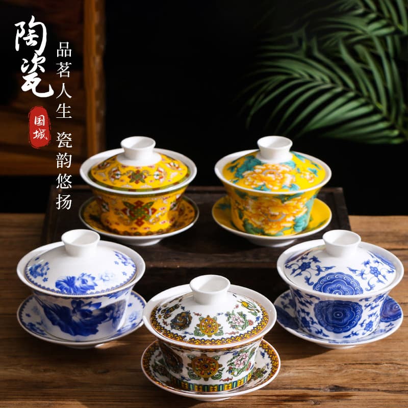 Ceramic three-cup tureen eight-treasure tea bowl Large capacity three-bubble tureen flower tea cup coffee pure white porcelain tea cup