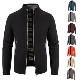 2024 Autumn/Winter Export Men's Fleece-Lined Knit Cardigan, Big Size, Stand Collar, Warm Knitwear, Youth Sweater