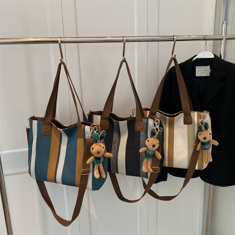 2024 New Fashion Stripe Canvas Tote Bag for Women, Commuter Handbag, Shoulder Crossbody Mom Bag