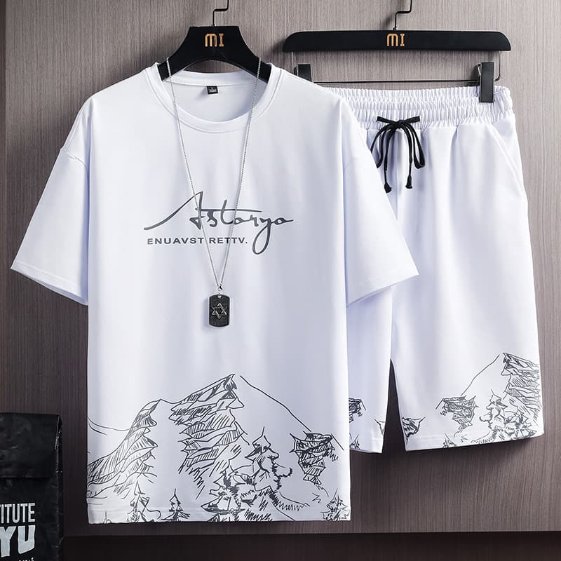 Men's Short Sleeve T-Shirt Set New Summer Mountain Print Fashion Trendy Korean Slim Fit Plus Size Sports Two-Piece Set